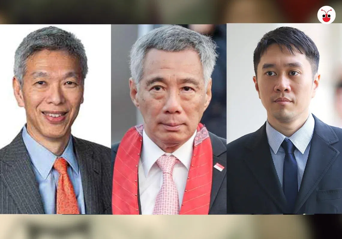李显扬（左）资助因批评新加坡司法体制独立性的范国瀚（右）上诉，不知道李显龙（中）作何感想？（郭跃男制图）