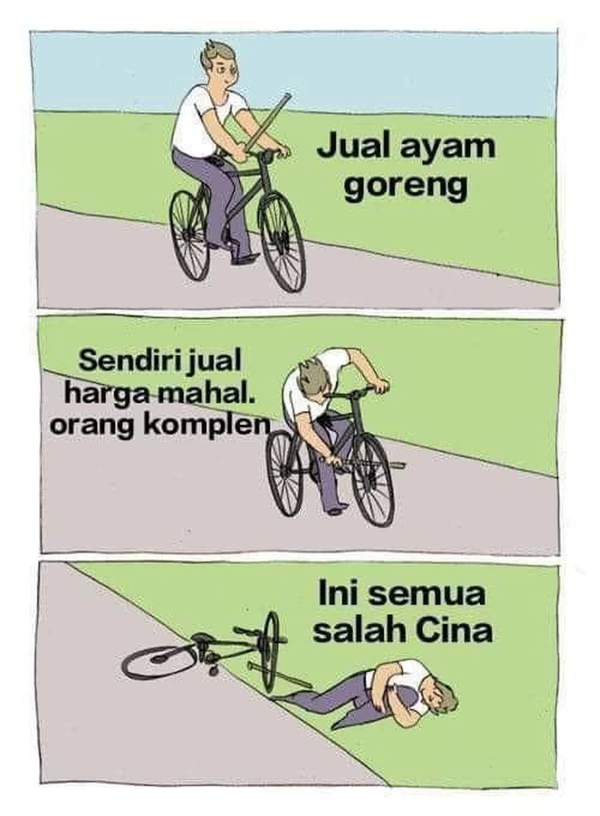 网络流传的梗图讽刺DFC遭人投诉价格太贵，非但没有自我反省，反倒硬拗“全都是华人的错”的行径。（互联网）