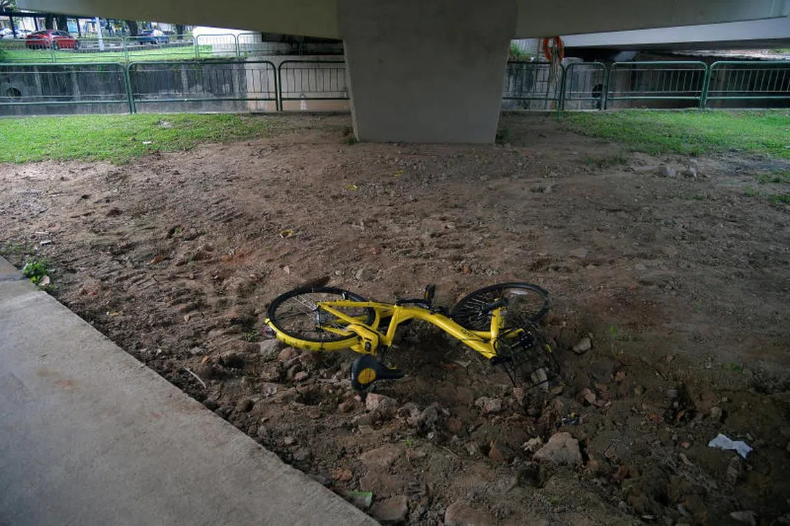 一辆ofo脚踏车被丢置在高架桥下。（海峡时报）