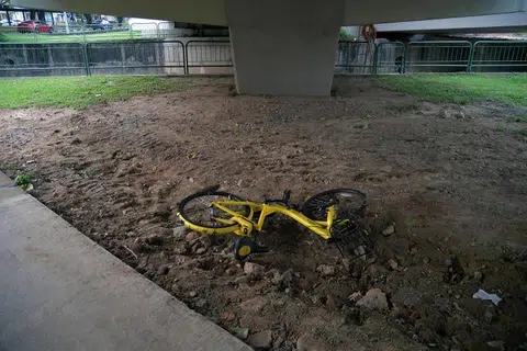 一辆ofo脚踏车被丢置在高架桥下。（海峡时报）