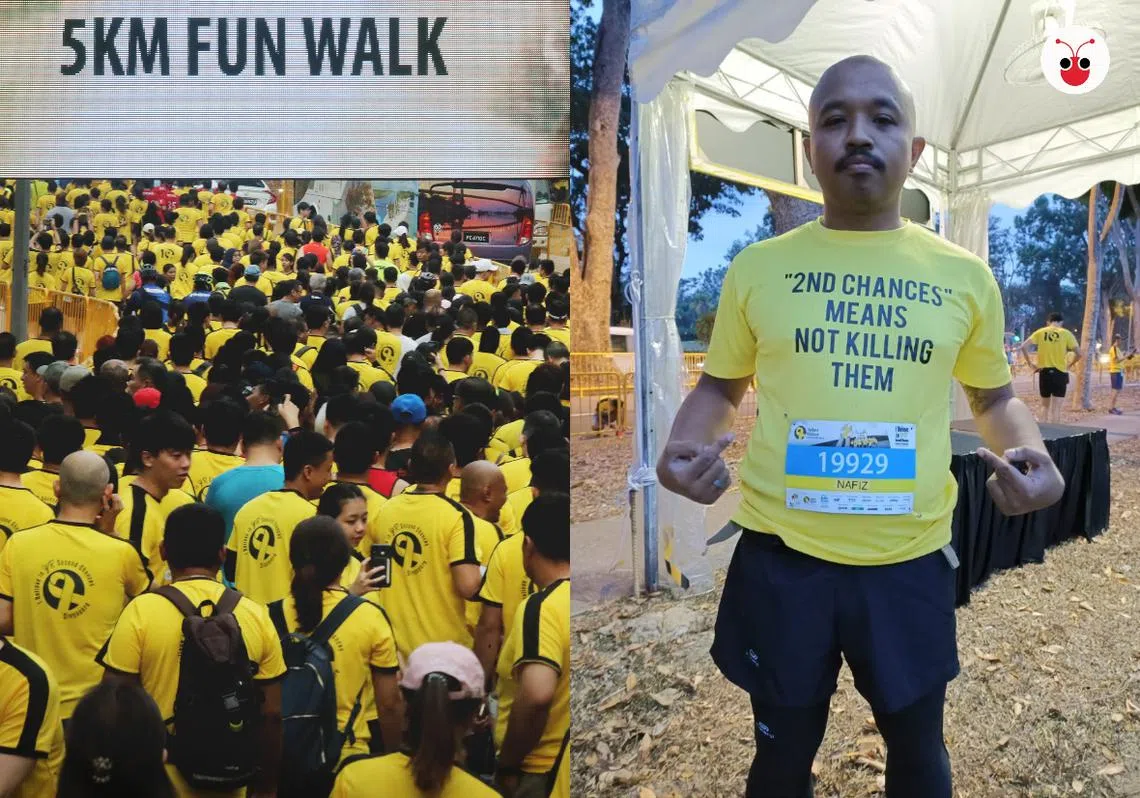 纳菲兹（右）因坚持身着印有反死刑标语的上衣参赛而被警方以公共秩序法令调查。（李国豪制图）