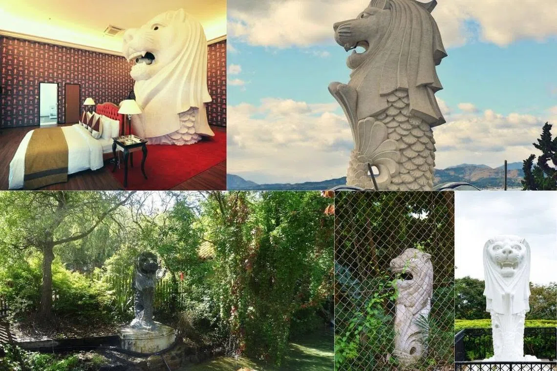 这些散落在世界各地的鱼尾狮兄弟们，大小和样貌都有不尽相同，但不变的是他们都是上半身狮头，下半身鱼尾的造型。（红蚂蚁制图）