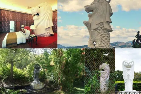 这些散落在世界各地的鱼尾狮兄弟们，大小和样貌都有不尽相同，但不变的是他们都是上半身狮头，下半身鱼尾的造型。（红蚂蚁制图）