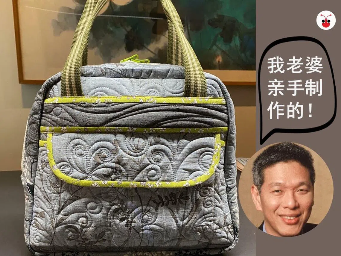 李显扬在面簿上自豪地晒老婆林学芬制作的拼布包包。（红蚂蚁制图）