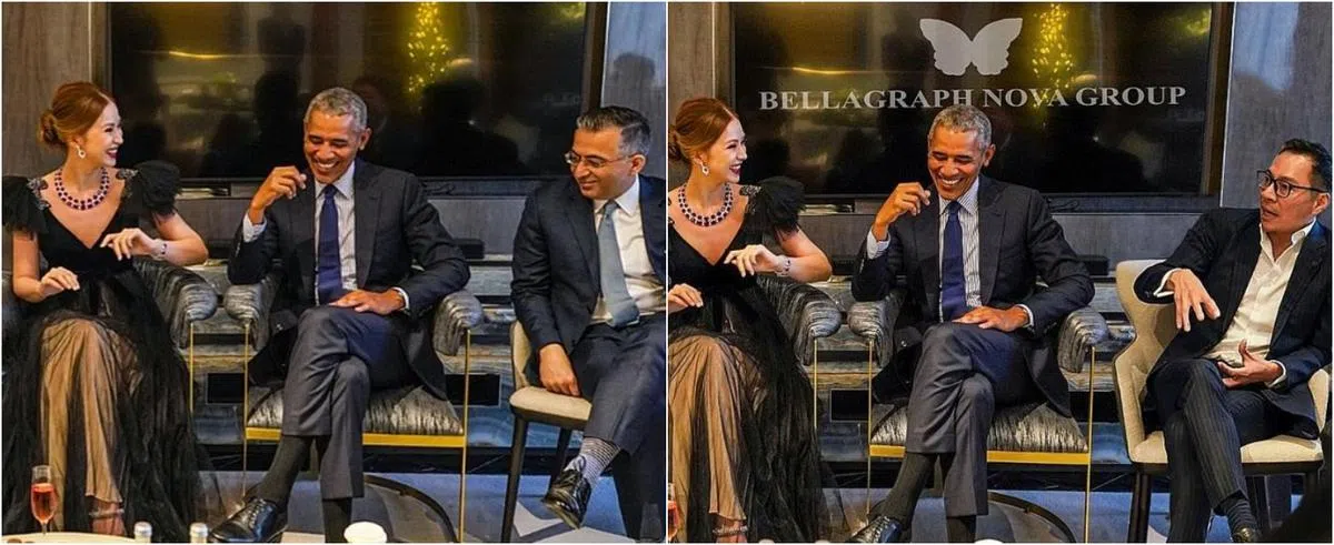  左边原图本来没有罗尔伟，奥巴马背后的玻璃窗上，也没有BN集团的标志。（BN集团 / 路透社） 