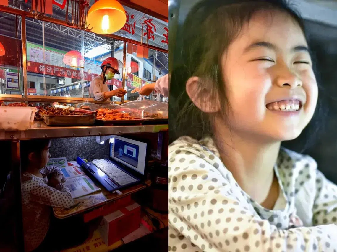 7岁的柯恩雅小朋友并没有觉得自己的“学习环境”不好，反而格外珍惜可以和父母一起的时光。（互联网）