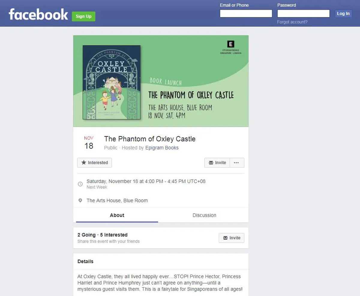  《欧思礼城堡魅影》新书发布会的面簿活动页已遭撤下。（谷歌截图） 
