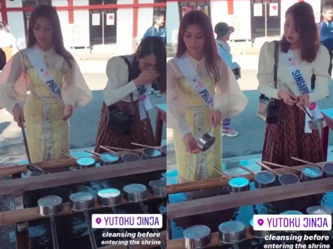 狮城美姐谢佳玲（右）被误以为在神社水池‘喝水’，遭网民炮轰。（Rommel Dave Mallari面簿）