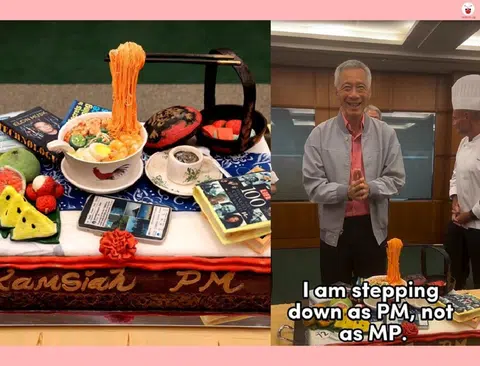 李总理5月8日最后一次以总理身份出席国会，行动党的女议员为他准备了蛋糕（左），他在茶会上向议员重申“我卸下的是总理的职务，而非议员身份”。（取自李总理脸书、Instagram／红蚂蚁制图）