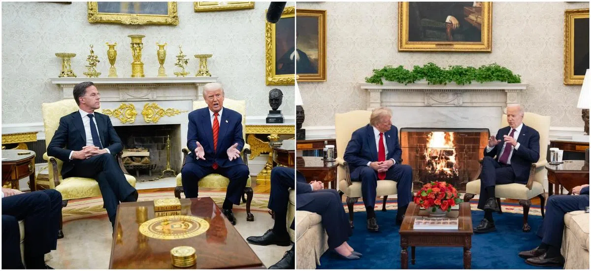 相较拜登时期（右），特朗普（左）在壁炉周遭加上了许多黄金元素。（红蚂蚁制图）