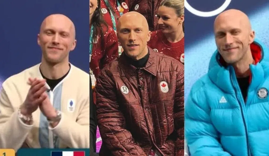 里肖身穿法国（左起）、加拿大和美国队的外套，指导选手比赛。 