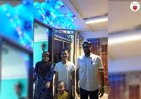 Mr Loh （中）为Mdm Aishah（左）张挂开斋节装饰灯，毕丹星（右）得知这个事情后上网分享。（取自毕丹星面簿/苏羽葳制图）