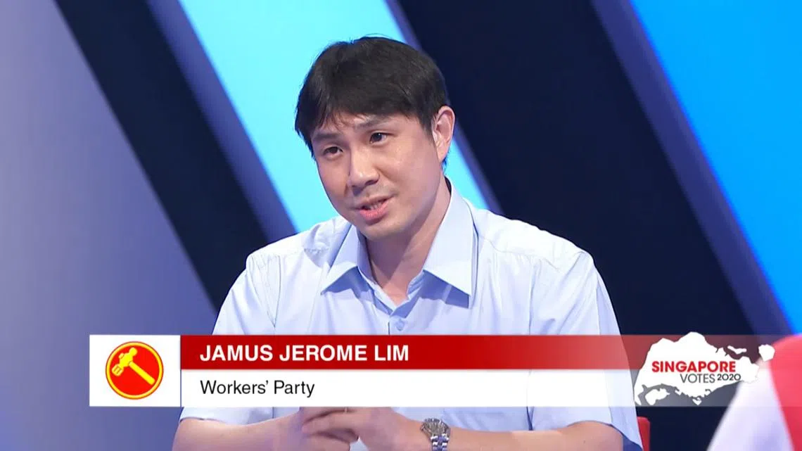 代表工人党出席第一场电视论政辩论的候选人林志蔚（Jamus Lim）。（新传媒视频截图）