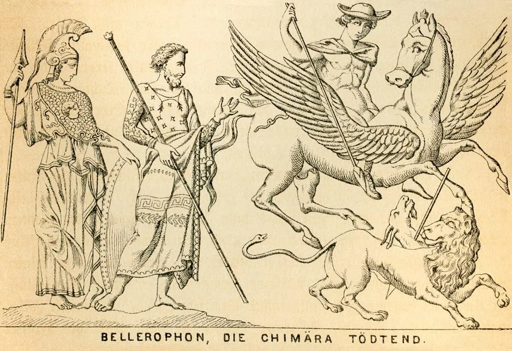 柏勒罗丰击杀吐火兽喀迈拉的画像（1880年）。