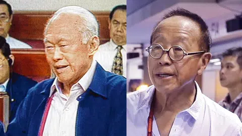 建国总理李光耀曾在1996年5月的国会中，解释自己和时任副总理李显龙购买玉纳园公寓的经过。玉纳园是王明星（右）创办的旅店置业公司旗下的公寓项目。（红蚂蚁制图）