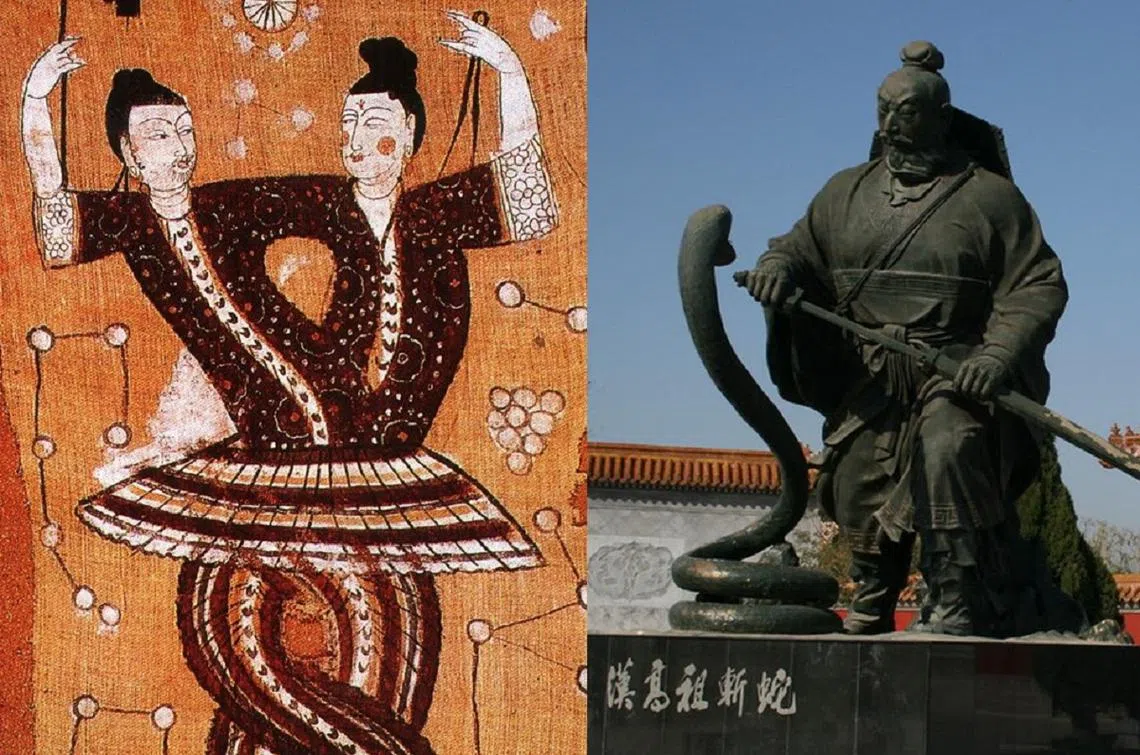 “人面蛇身”的始祖神女娲与伏羲（左），以及汉高祖斩白蛇起义的故事，都显示了蛇在中华文化中的特殊地位。（红蚂蚁制图）