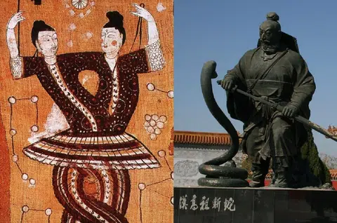 “人面蛇身”的始祖神女娲与伏羲（左），以及汉高祖斩白蛇起义的故事，都显示了蛇在中华文化中的特殊地位。（红蚂蚁制图）