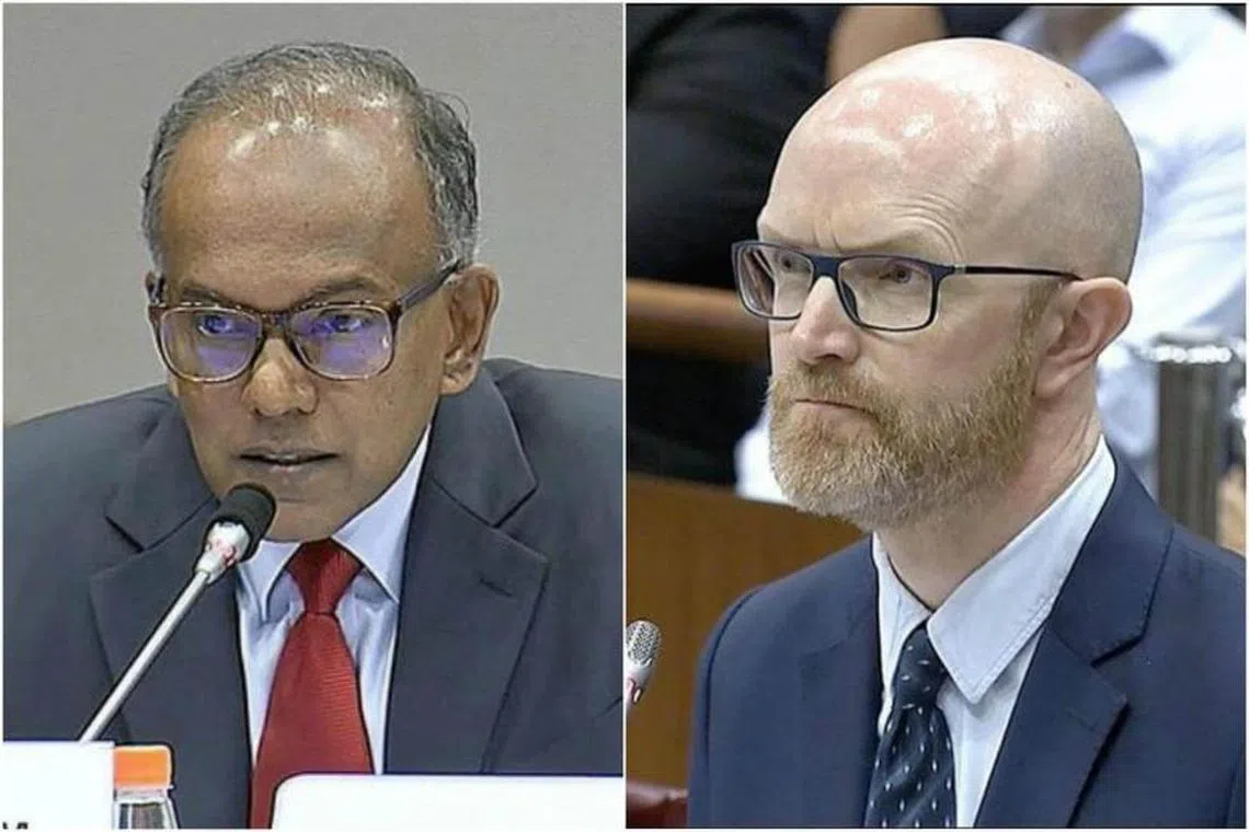 在昨天长达三小时的“拷问”中，尚穆根部长（左）和面簿亚太区公共政策副总裁西蒙·米尔纳（Simon Milner）激烈交锋。（海峡时报）