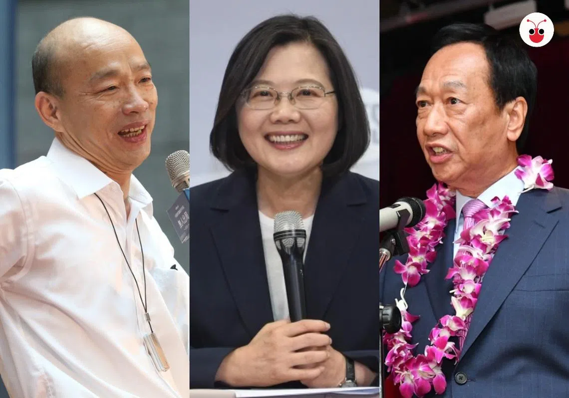 外界普遍预测郭台铭（右）将加入总统大选战围，对决蔡英文（中）与韩国瑜（左）。（李国豪制图）