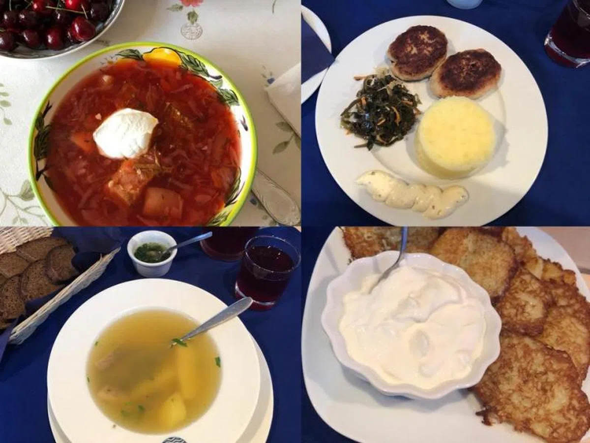  常见的俄罗斯家常菜。上排左起：红菜根汤、“狗鱼”鱼饼。下排左起：美味鱼汤、配酸奶一起吃的白俄罗斯土豆饼。（作者面簿） 