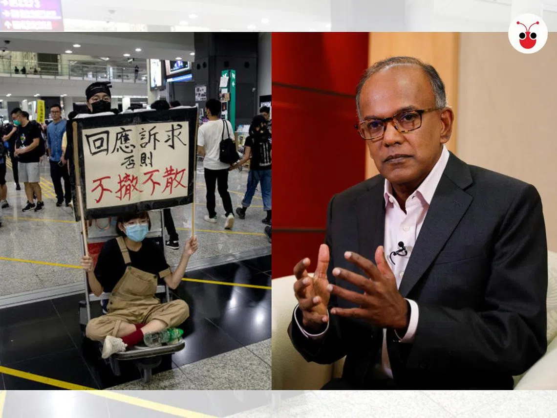 香港爆发反修订《逃犯条例》运动后，部分舆论认为新加坡可从中获益，内政部长兼律政部长尚穆根形容这样的言论非常表面，并强调唯有包括香港在内的整个区域都稳定，我国才会受益。尚穆根是首位针对事件发表看法的我国政要。（张丽苹制图）