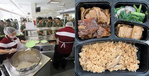 不论是国民服役人员或是战备军人，伙食都会被妥善照顾，素食兵也不例外。（左图为海峡时报档案照片）