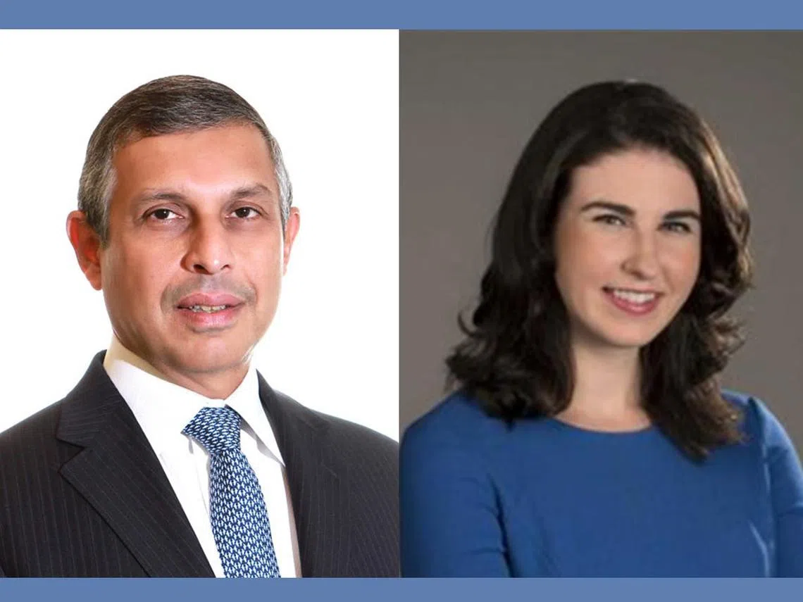 新加坡驻美国大使米尔普里（左）致函华邮言论主任杰米莱利，指凯特（右）的文章有误，要求凯特全文刊载他的回应却遭凯特拒绝，只在评论中引用了一小段文字，说明新加坡面对假新闻的威胁。（红蚂蚁制图）