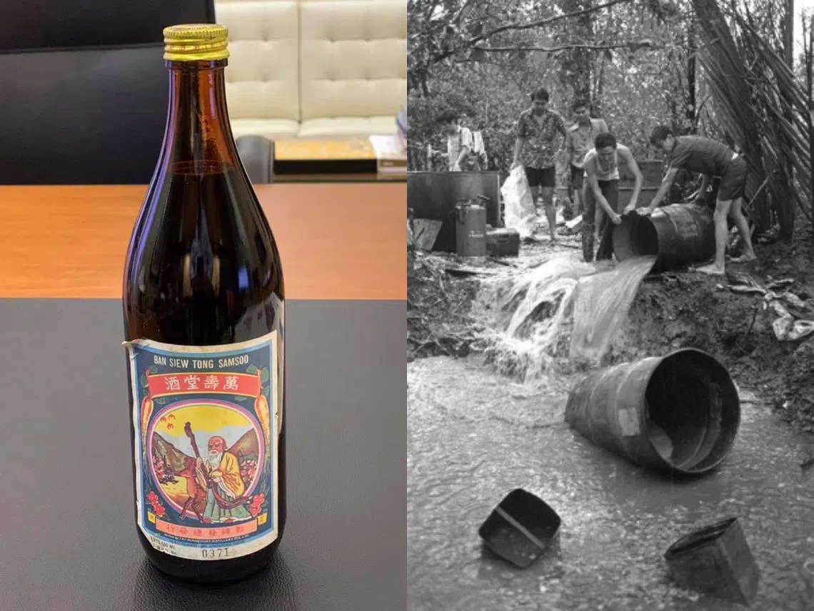 左图为万寿堂酒，右图为1975年，官员在三巴旺附近的岛屿捣获非法samsu酿酒处。（王乙康面簿/国家图书馆）