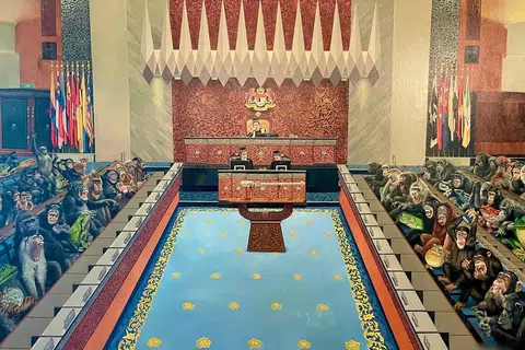 雪州苏丹分享一幅他近日购买的“动物国会”画作，引发热议。（雪州王室办公室面簿）