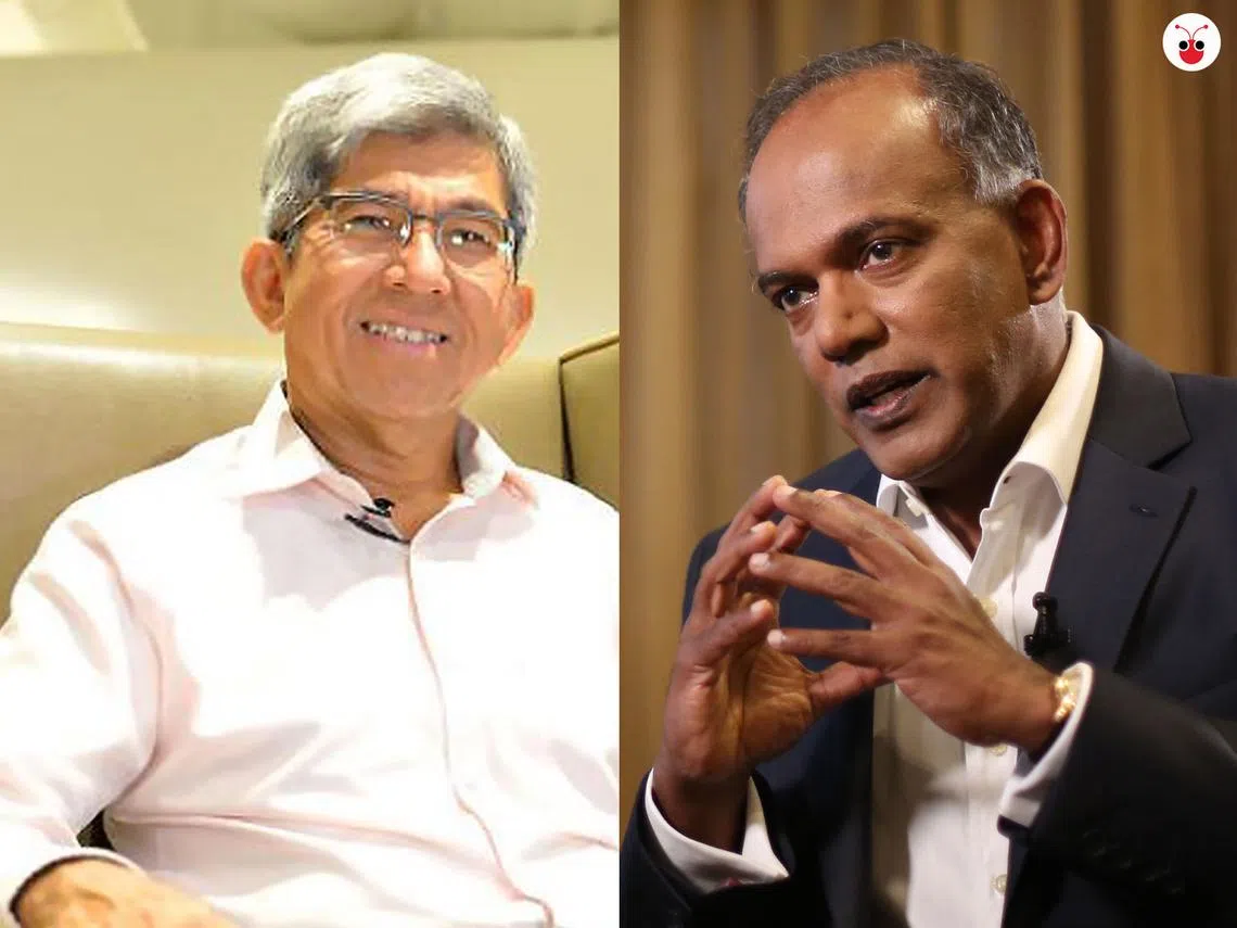 通讯及新闻部长雅国博士（左）与内政部长兼律政部长尚穆根今天在国会上阐明设立特委会来严打假新闻的重要性。（谢静怡制图）