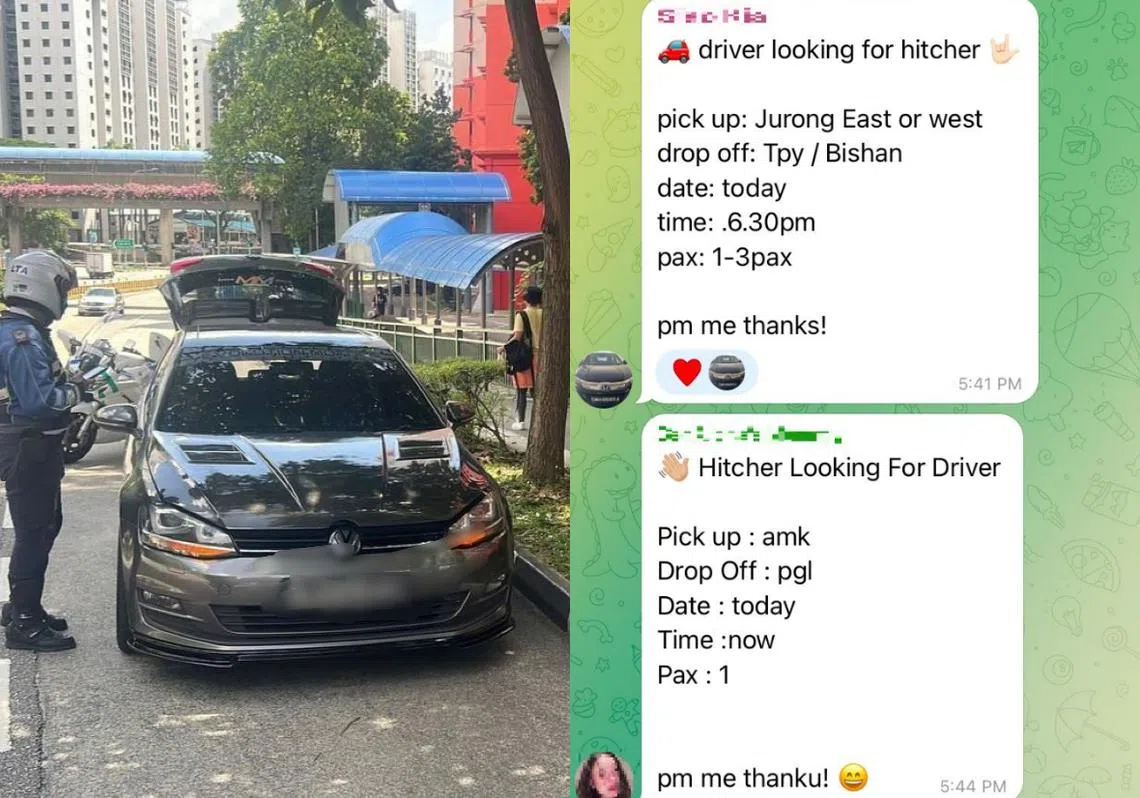 左图为去年陆交局取缔一辆非法提供载客服务的车子，右图为Telegram“霸王车”群组截图。（红蚂蚁制图）