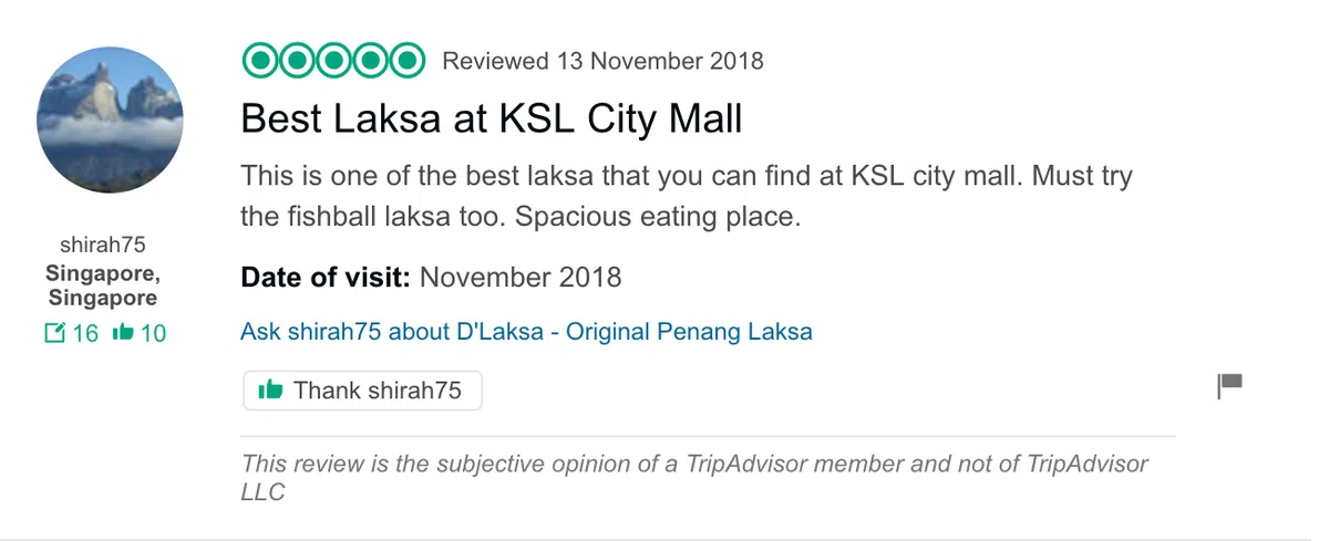  这位网友除了称赞叻沙好吃，还称赞店内的空间宽敞。（TripAdvisor） 