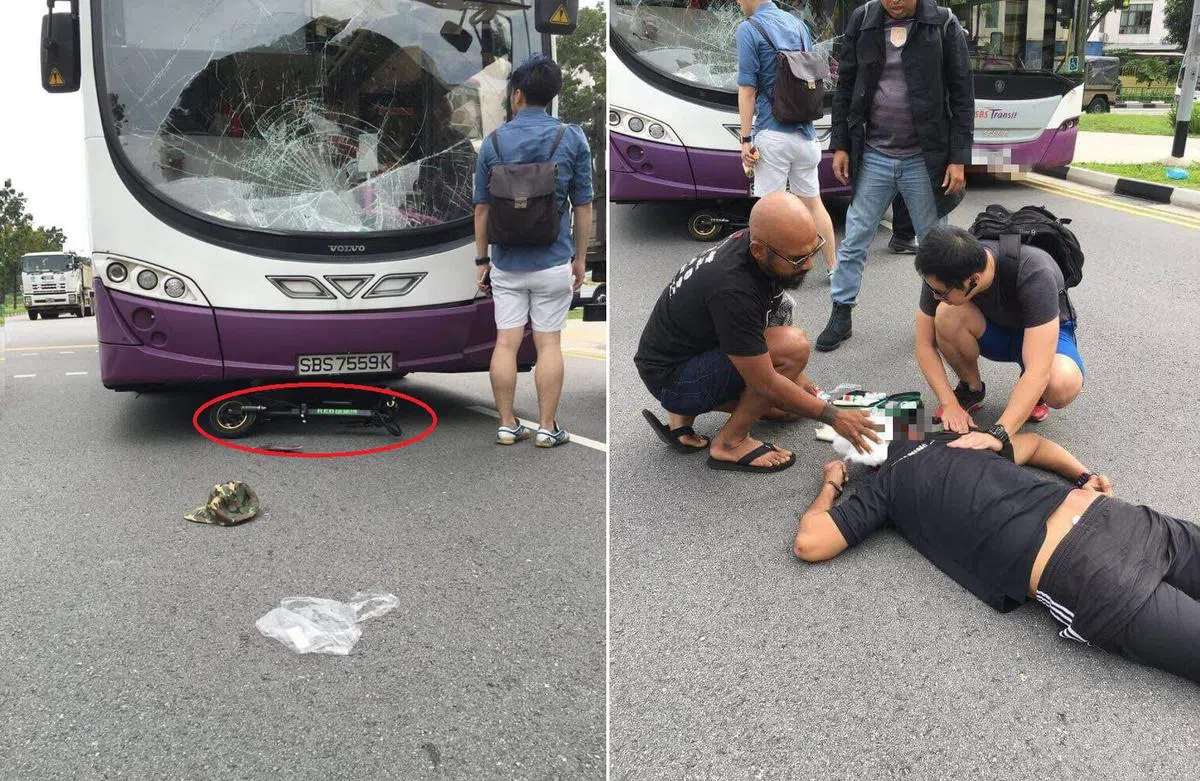  照片显示巴士的挡风镜破裂，显示撞击力不小。涉及意外的滑板车在巴士底下，伤者躺在地上，不少人上前给他援助。（互联网） 