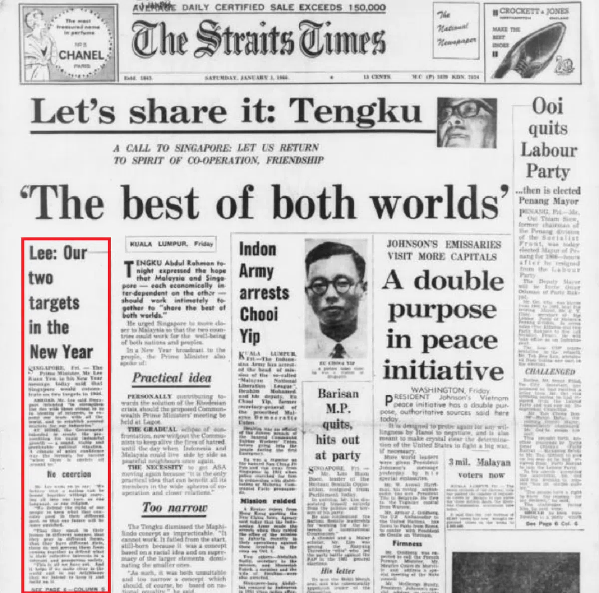 李光耀的新年献词分别刊登于《海峡时报》1966年1月1日的头版以及第六版。（NewspaperSG截图）
