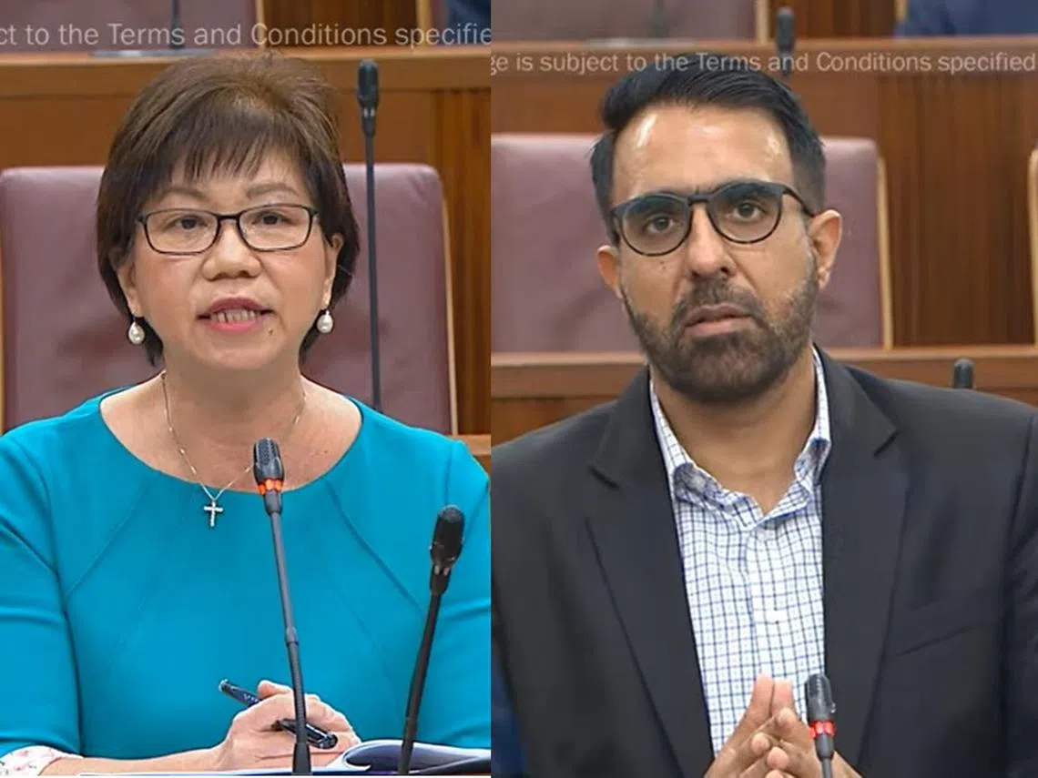 中区市长潘丽萍（左）今天在国会回应反对党领袖毕丹星（右）昨天所作出的那番关于社区发展理事会（CDC）和全职市长职位的质问。（红蚂蚁制图）