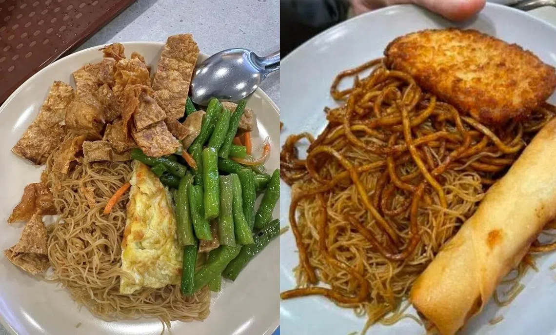 两家医院的素食摊位，近日被食客投诉食物价格昂贵。（互联网、联合早报／红蚂蚁制图）