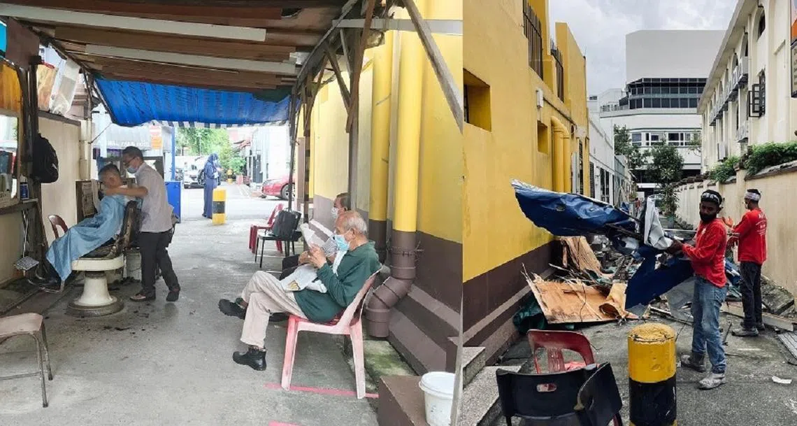 从业近30年后，后巷理发师陈文棋收山了，以遮篷搭建的“店面”近日被拆除。（新明日报、慈母舰）