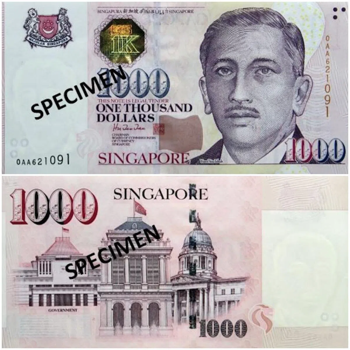 肖像系列的1000新元钞票。（金融局）