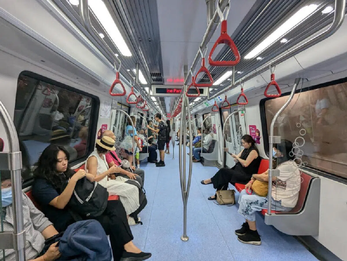 汤东线地铁，途中有玫红色的座位、以及黑色的座位。（联合早报）