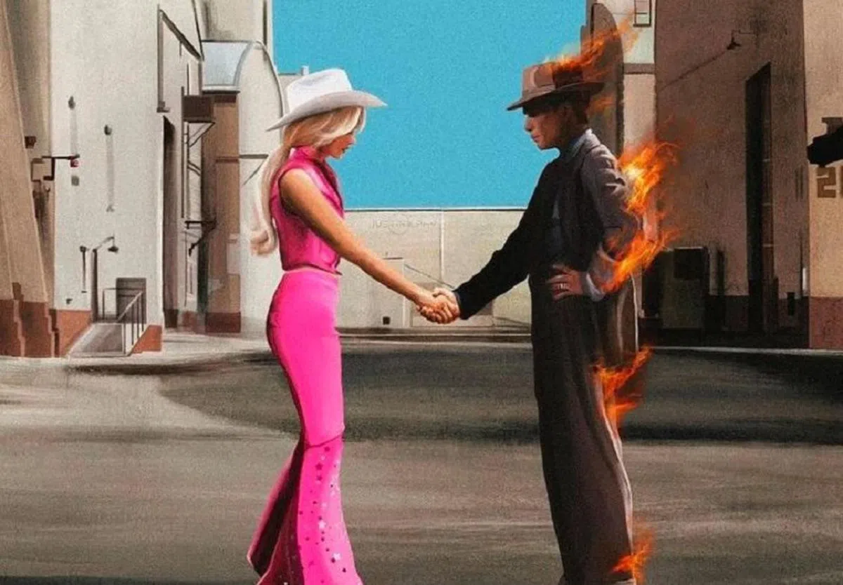 两部好莱坞大片《奥本海默》和《芭比》去年暑假同一期间上映，在全球缔造了超高票房纪录，网上也出现多个玩转电影主角的迷因。（取自Instagram）