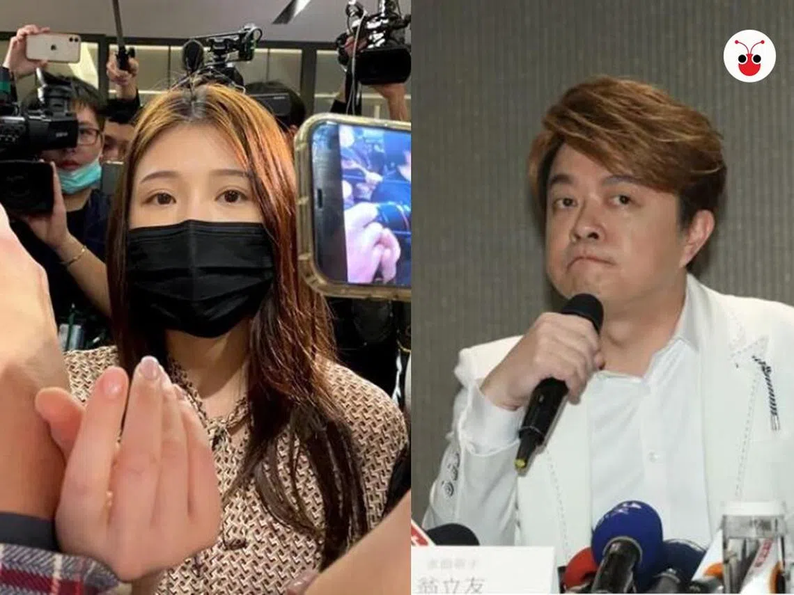 近期台湾演艺圈翁立友（右）、鸡排妹（左）的性骚扰风暴，如同八点档连续剧搬演不完。（红蚂蚁制图）