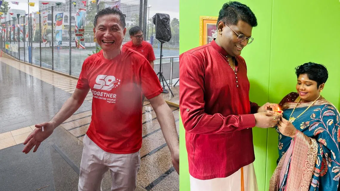 人民行动党巴耶利峇党支部主席沈茂强（左）摄于8月10日的巴耶利峇国庆敬礼仪式；右图为人民行动党友诺士党支部主席捷鿔（身穿红色长袖上衣者）去年与妻子在家庆祝屠妖节。（联合早报/捷鿔脸书）