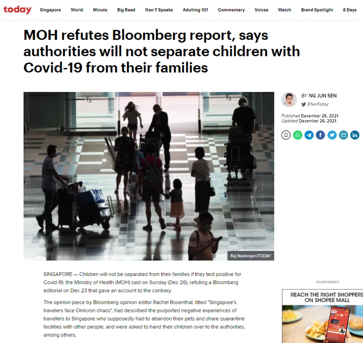 卫生部回应彭博社说，新加坡政府沟通无误，更没令人妻离子散。（今日报截图）