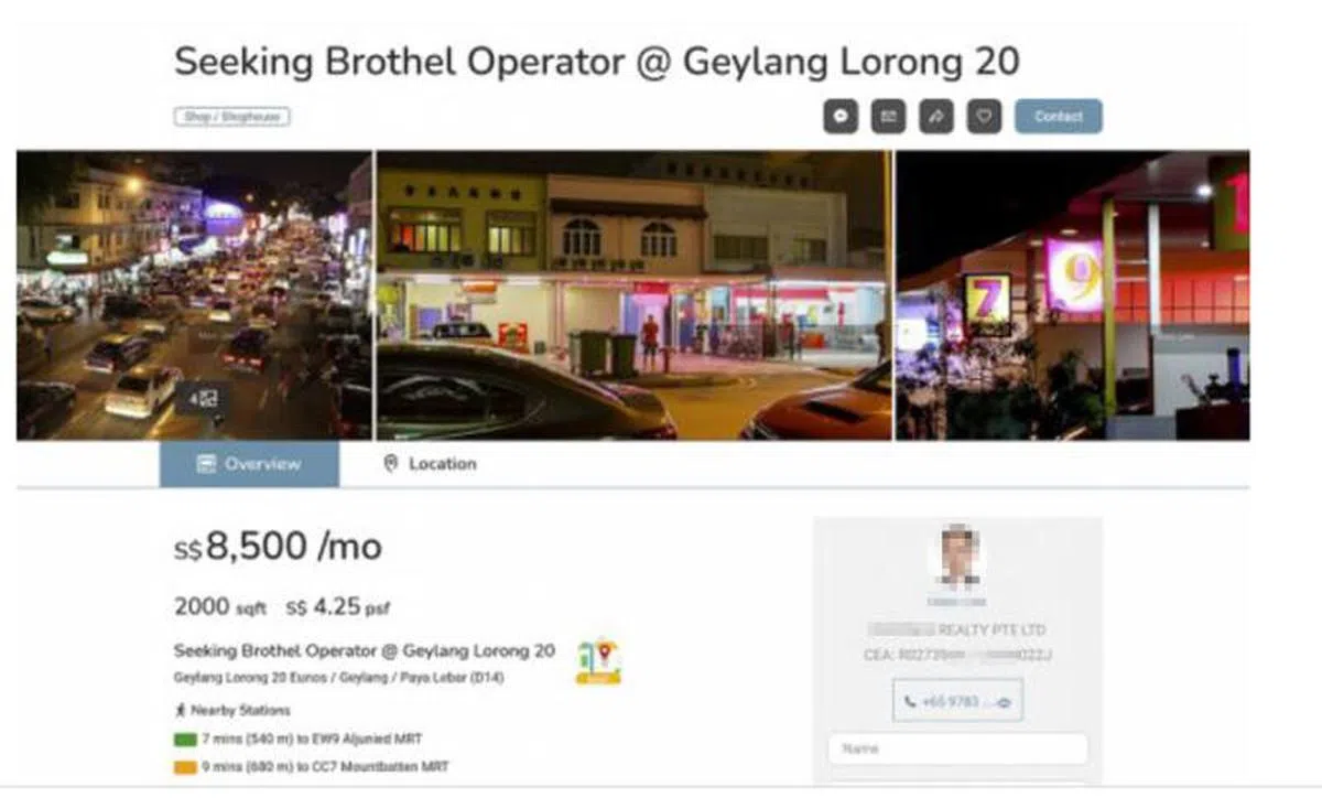  原标题“芽笼20巷招租妓院业者”的广告已被房地产线上平台CommercialGuru撤下。（互联网） 