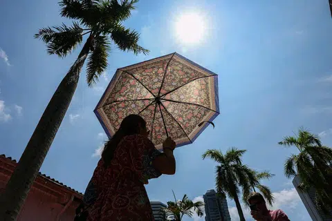 在新加坡的武吉士（Bugis），一人撑着伞遮挡酷热阳光。（海峡时报）