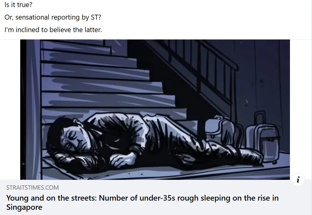 网民转发《海峡时报》报道“年轻人流落街头，新加坡35岁以下街头露宿者人数上升”的新闻。