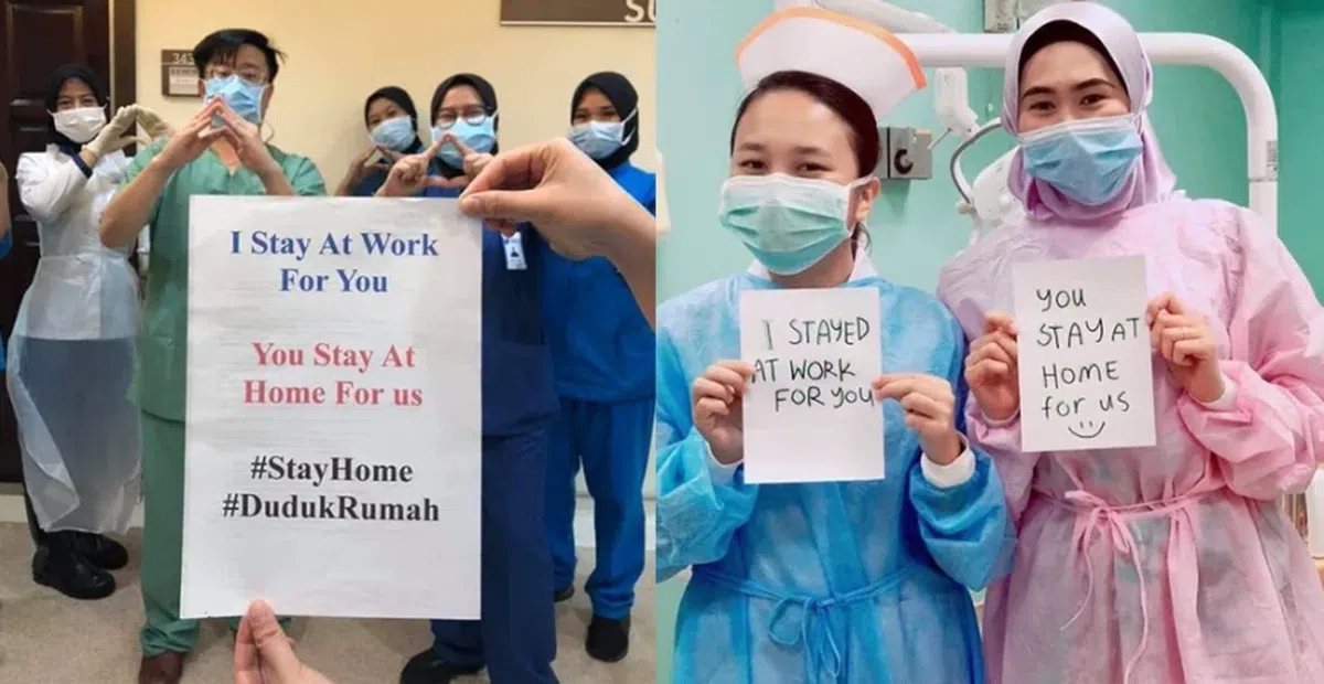  马来西亚医护人员发起“我们为你留下来工作，请为我们留在家”的呼吁活动，吁请马国人民留在家。（互联网） 