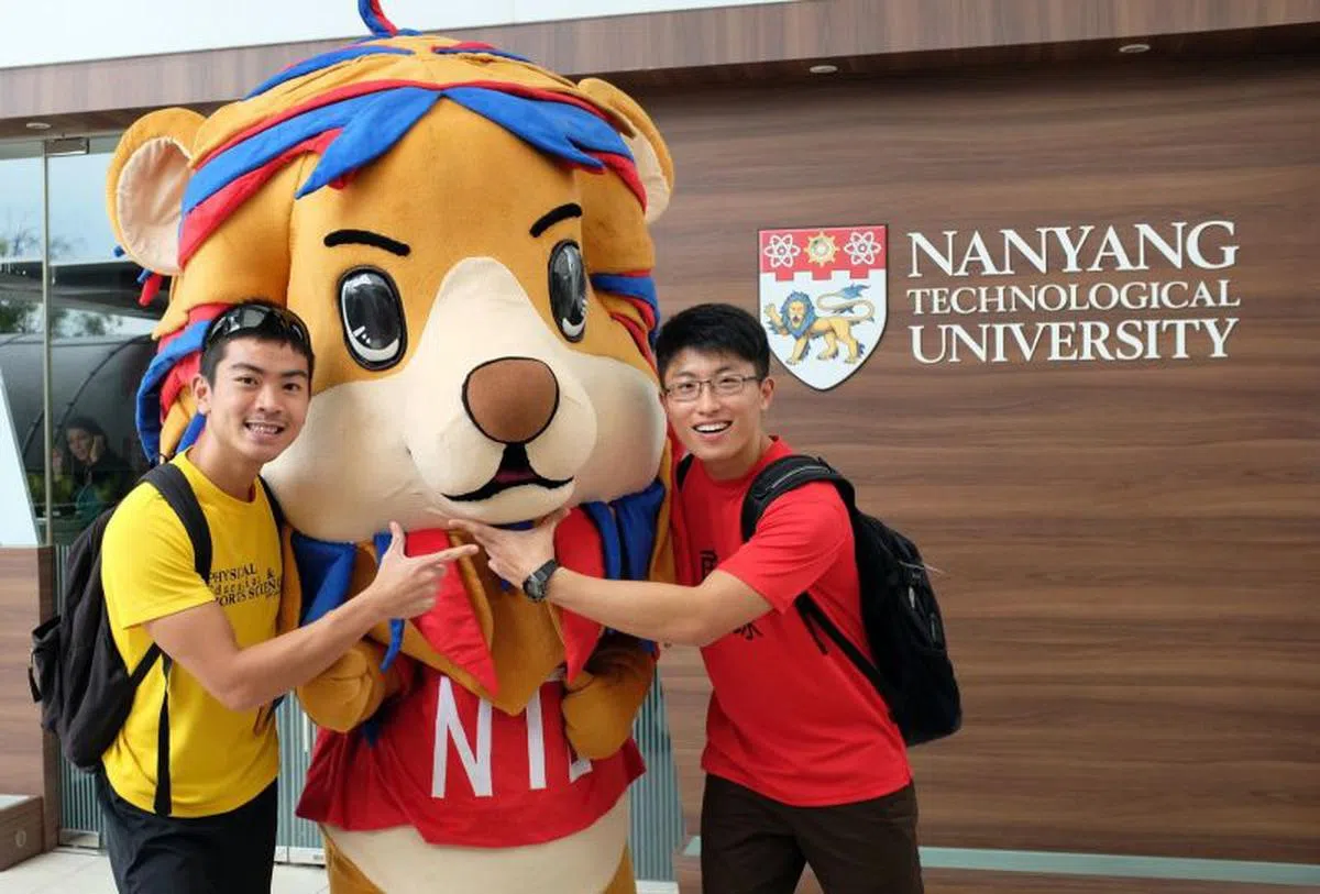  南洋理工大学学生与吉祥物合照。（南洋理工大学面簿） 