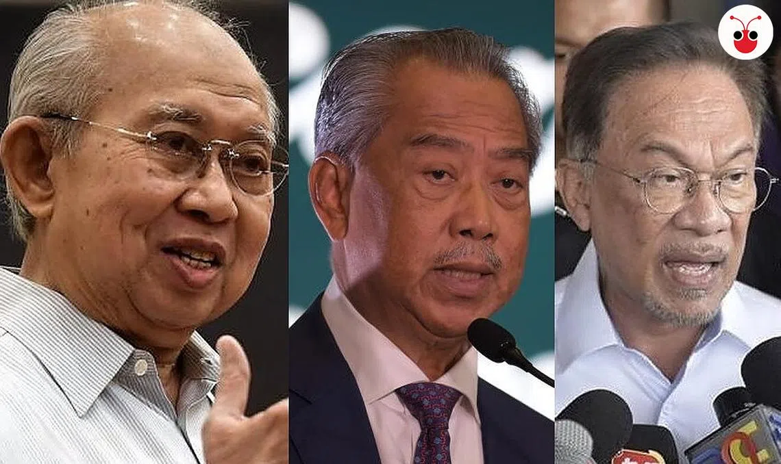 左起：巫统元老东姑拉沙里，首相慕尤丁，公正党主席安华。（红蚂蚁制图）