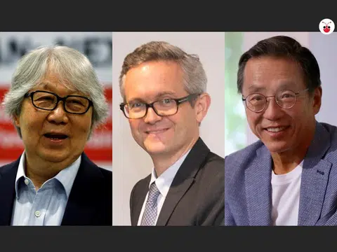 左起：巡回大使许通美、新加坡国立大学法学院院长陈西文教授、悦榕控股执行主席何光平。（张丽苹制图）